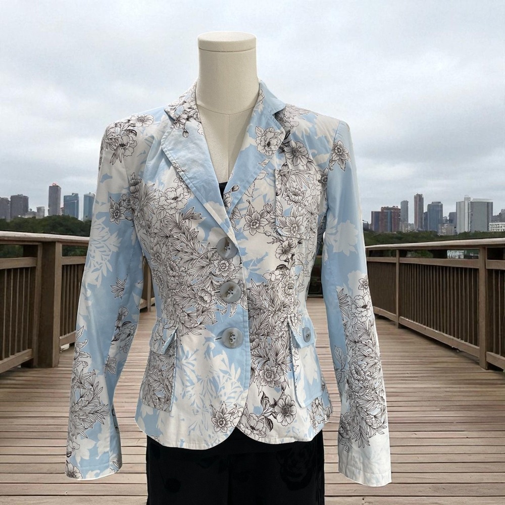 Harve Benard Petite Floral Blazer Jacket Blue‎ White Spring Career Workwear 8P